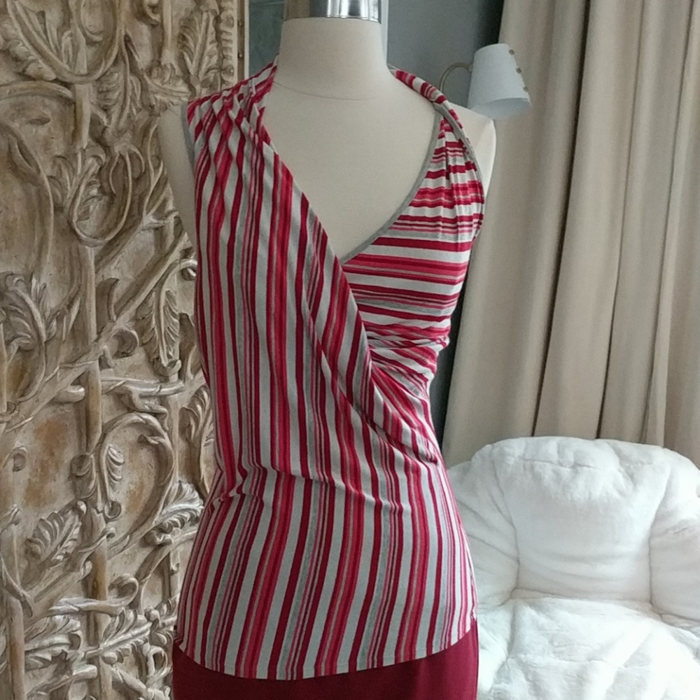 YANSI FUGEL Wrap Twist Metallic Striped Top Red XS